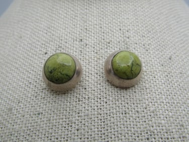 Vintage .950 Silver Green Stone Earrings, Stud, 1980's-1990's