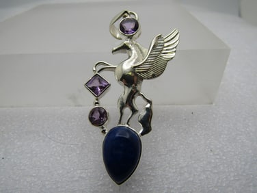 Sterling Silver Pegasus Pendant, Amethyst & Sodalite, 2.25"