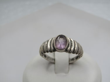 Vintage Sterling Amethyst Ring, Ridged Band, Sz. 7.75, Signed