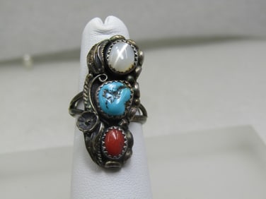 Vintage Sterling Southwestern Turquoise, Coral, MOP Ring, Sz. 6.5