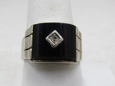 Vintage 10kt Men's Onyx Diamond Ring, White Gold, 1960's, Signed B Rose
