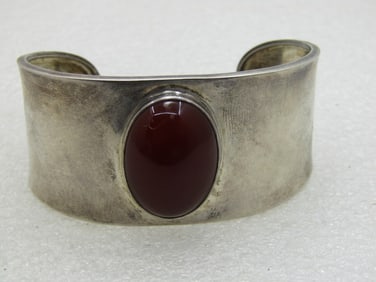 Sterling Silver Red Carnelian Cuff Bracelet, Mexico signed CII (Mexico City).