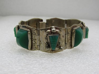 Vintage Alpaca Mexican Carved Green Bracelet, 7.25" Mask Tiles