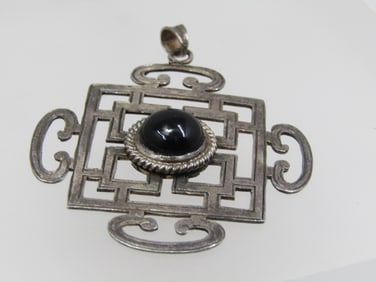 Vintage Sterling Onyx Pendant, Asian/Bali Themed, 2-3/8"