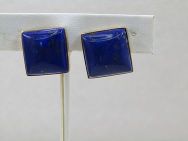 Vintage 14kt Lapis Lazuli Clip Earrings, 16.5mm Square