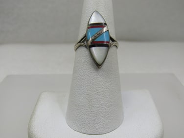 Vintage Sterling Southwestern Inlaid Ring, Pointed Sz. 6.5