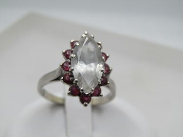 Vintage 14kt White Topaz Ruby Ring, Sz. 7, Signed Mamond, 1960's-1980's