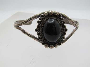 Vintage Sterling Southwestern Onyx Cuff Bracelet, 6", 1960's-1970's