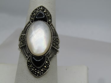 Vintage Sterling Onyx Marcasite Brooch, 1980's