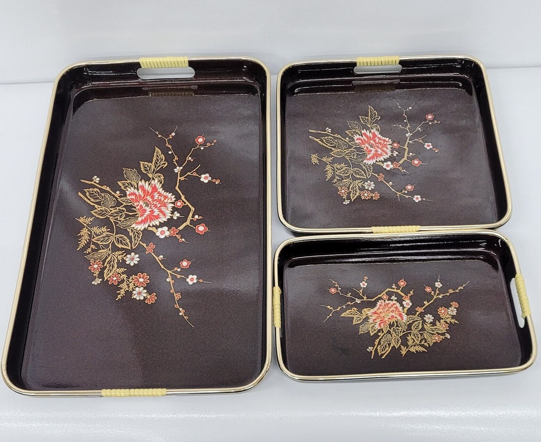 Vintage asian set 3 nestled serving trays vanity coffee table lacquered oriental design holder (1 of 9)