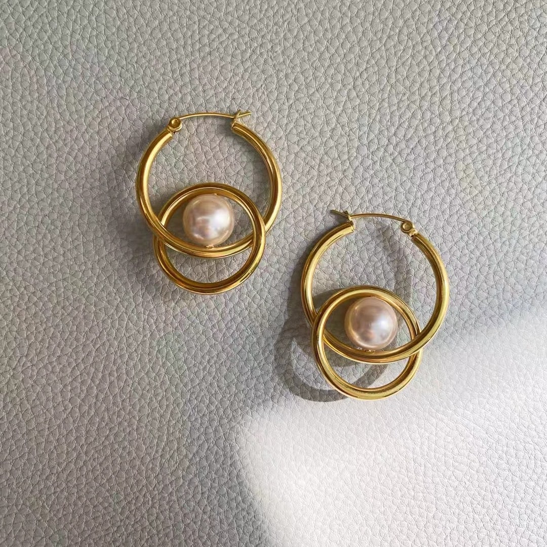 18K Gold Large Double Hoop Pearl Earrings (1 of 7)