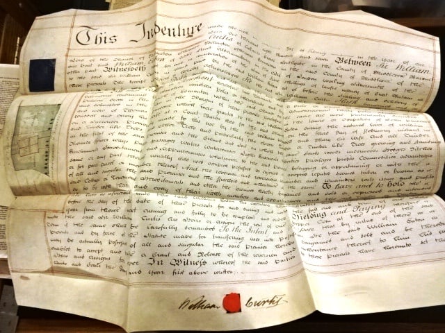 1807 English Vellum Deed Colored Survey: A nicely penned English vellum indenture dated 1807 being the conveyance of property in the manor of Edmonton in London in the county of Middlesex between Sir William Curtis, Baronet and Lord of the M