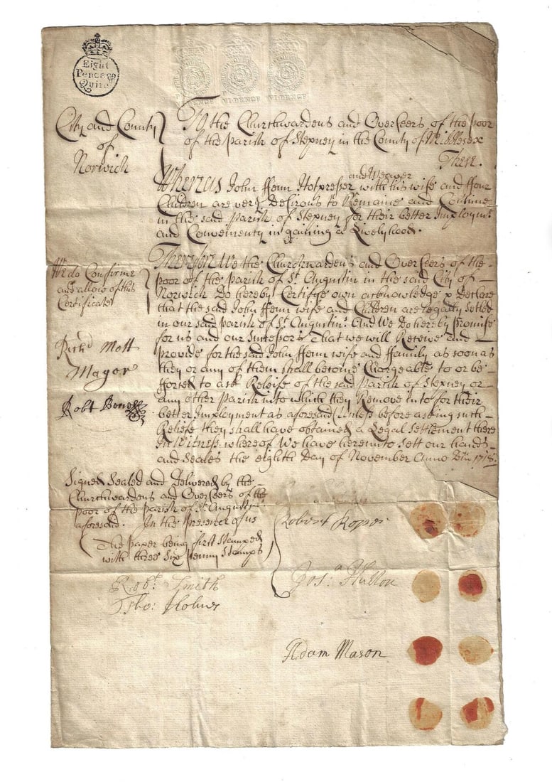 1718 English Settlement Certificate Weaver Hotpresser: A nicely penned English manuscript settlement certificate by the Churchwardens of the parish of Stepney in Middlesex pertaining to a John Fenn, Hotpresser and Weaver, and his family being resettling t