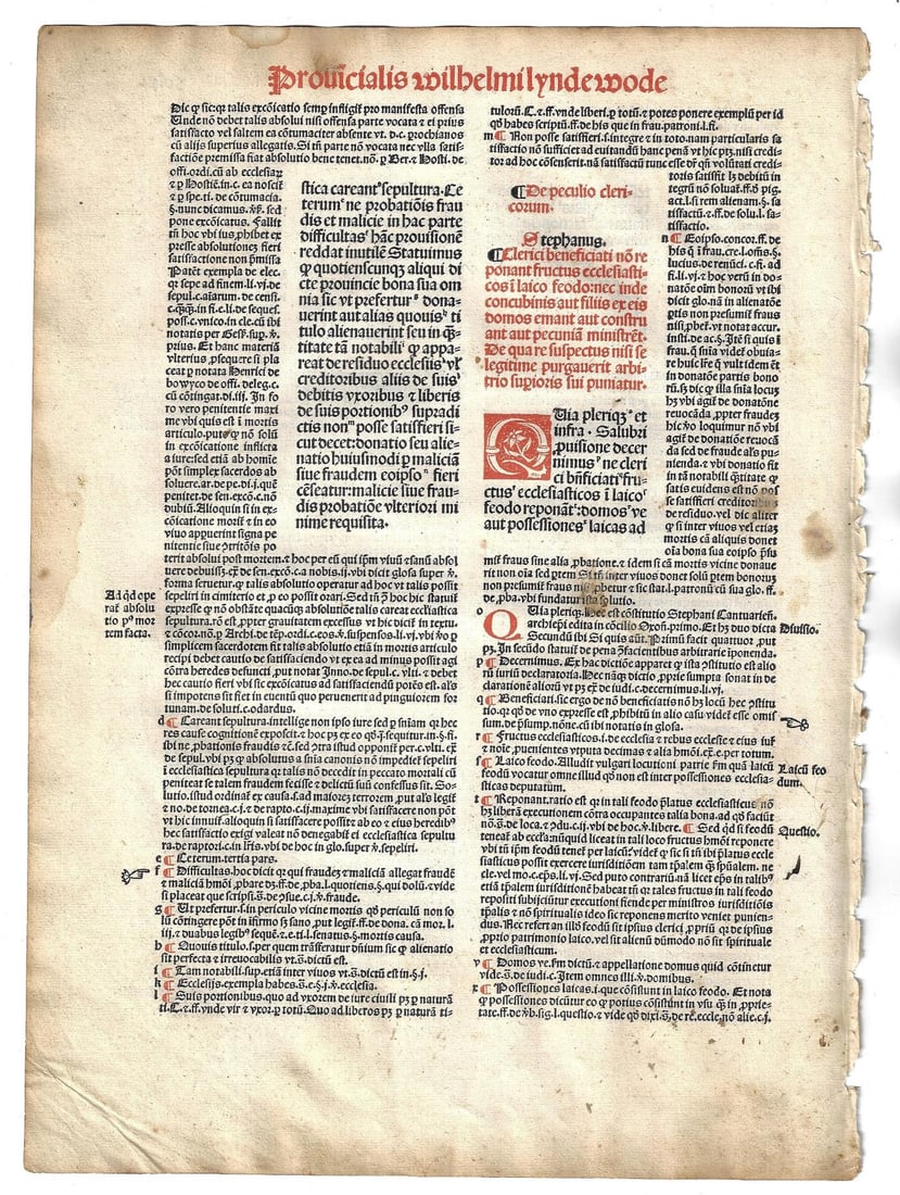 1501 Law Leaf Canterbury Lynewood: A leaf from "Provinciale Seu Constitutiones Anglie", by William Lyndewood, printed at Paris by Andre Bocard in 1501. In red and black, the leaf with Ecclesiastical laws established at Canterbury in th