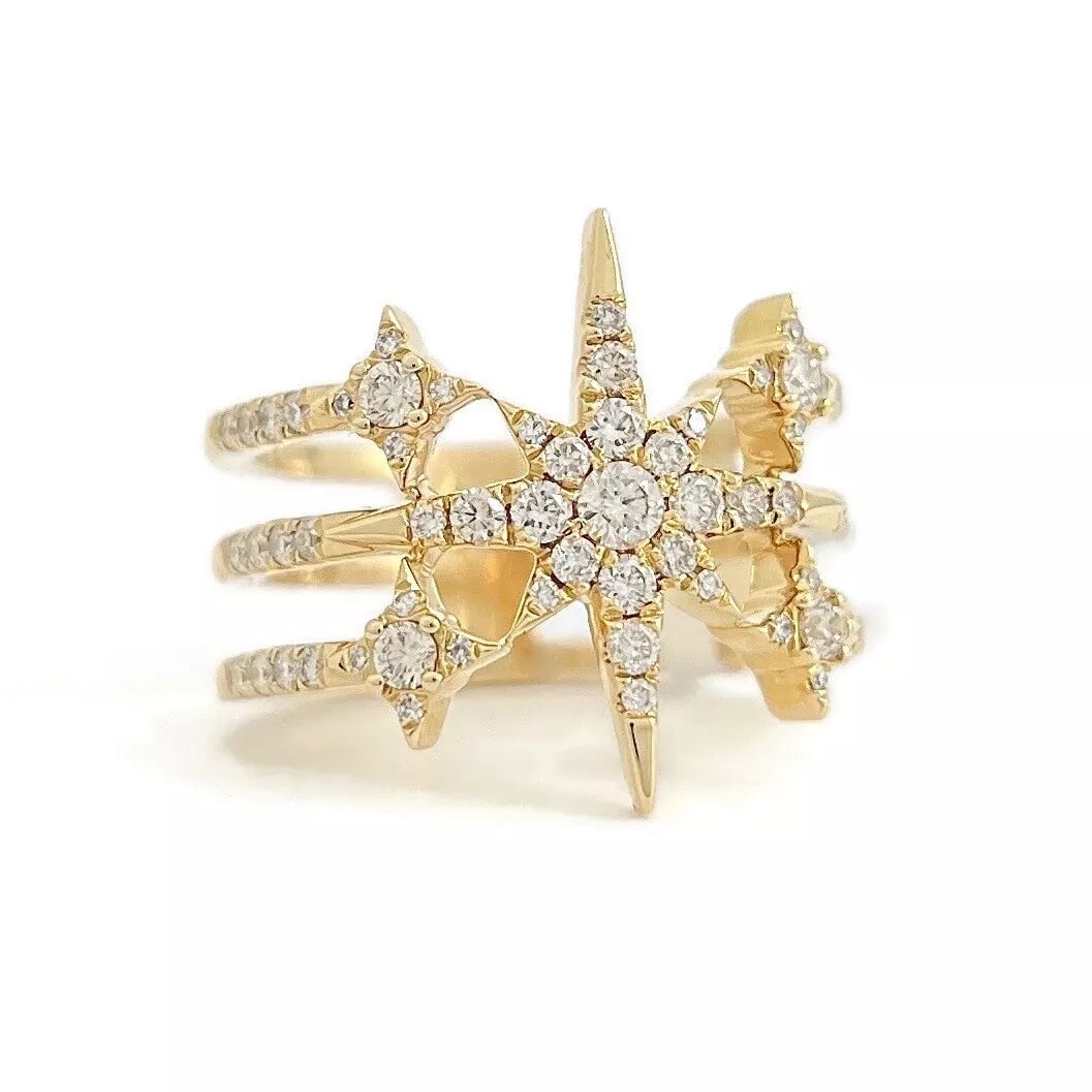 Wide Diamond Star Starburst Statement Band Ring 14K Yellow Gold .62 CTW (1 of 7)