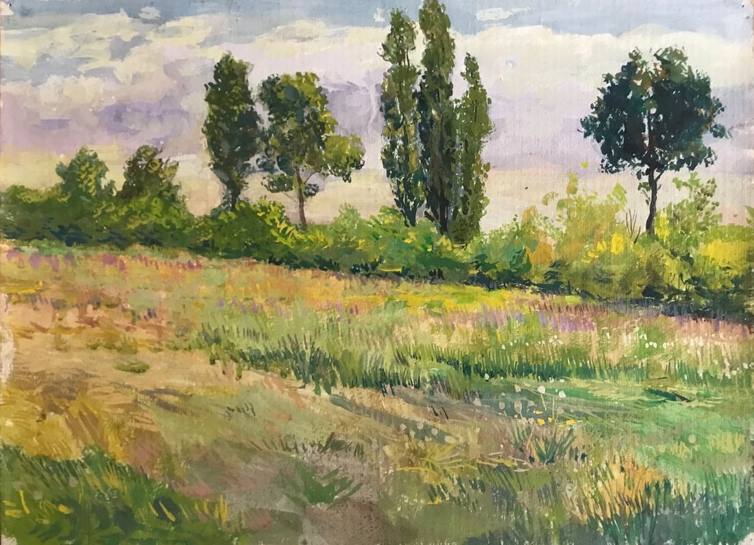 Tempera painting On the fields Wihyrovskii Victor: №AAA2163 This painting, entitled "On the fields", is a beautiful and evocative piece that captures the natural beauty of the wilderness. The field depicted in the painting is teeming with life,