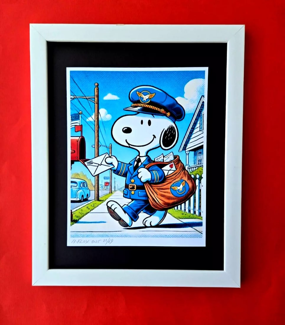 AIDAN FLUX | Hand Signed Authentic Print Framed SNOOPY IS A USPS POSTMAN COA (1 of 4)