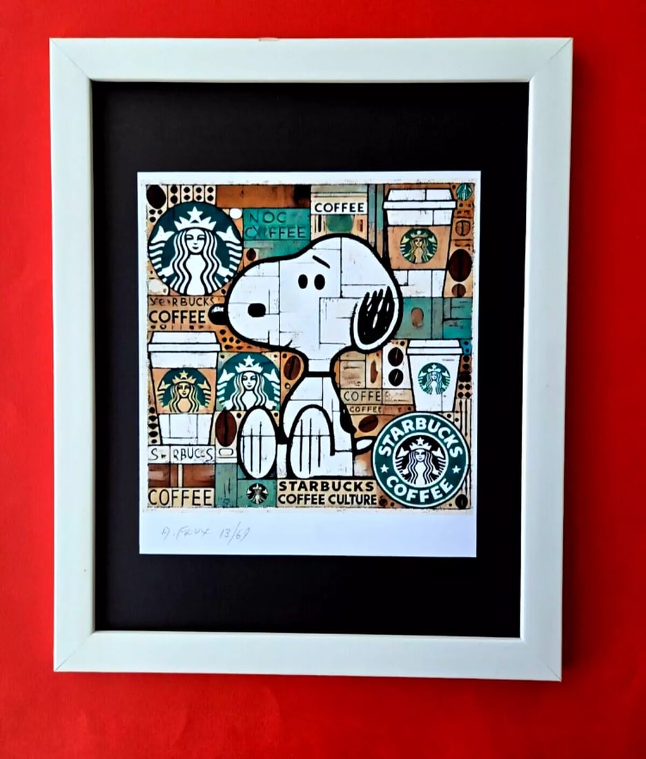 AIDAN FLUX | Hand Signed Authentic Print Framed SNOOPY LIKES STARBUCKS COA (1 of 4)