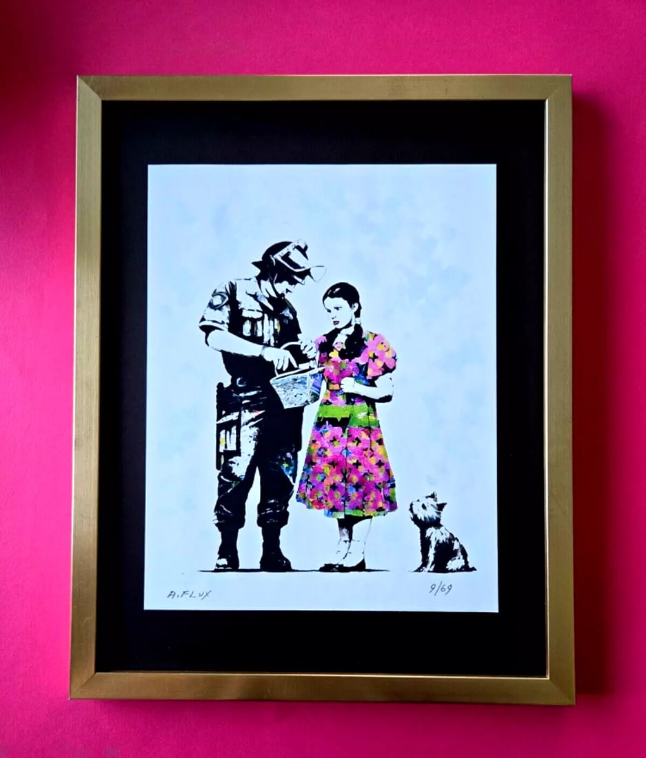 AIDAN FLUX Hand Signed Authentic LtdED Print Framed Banksy Police and Girl COA (1 of 3)