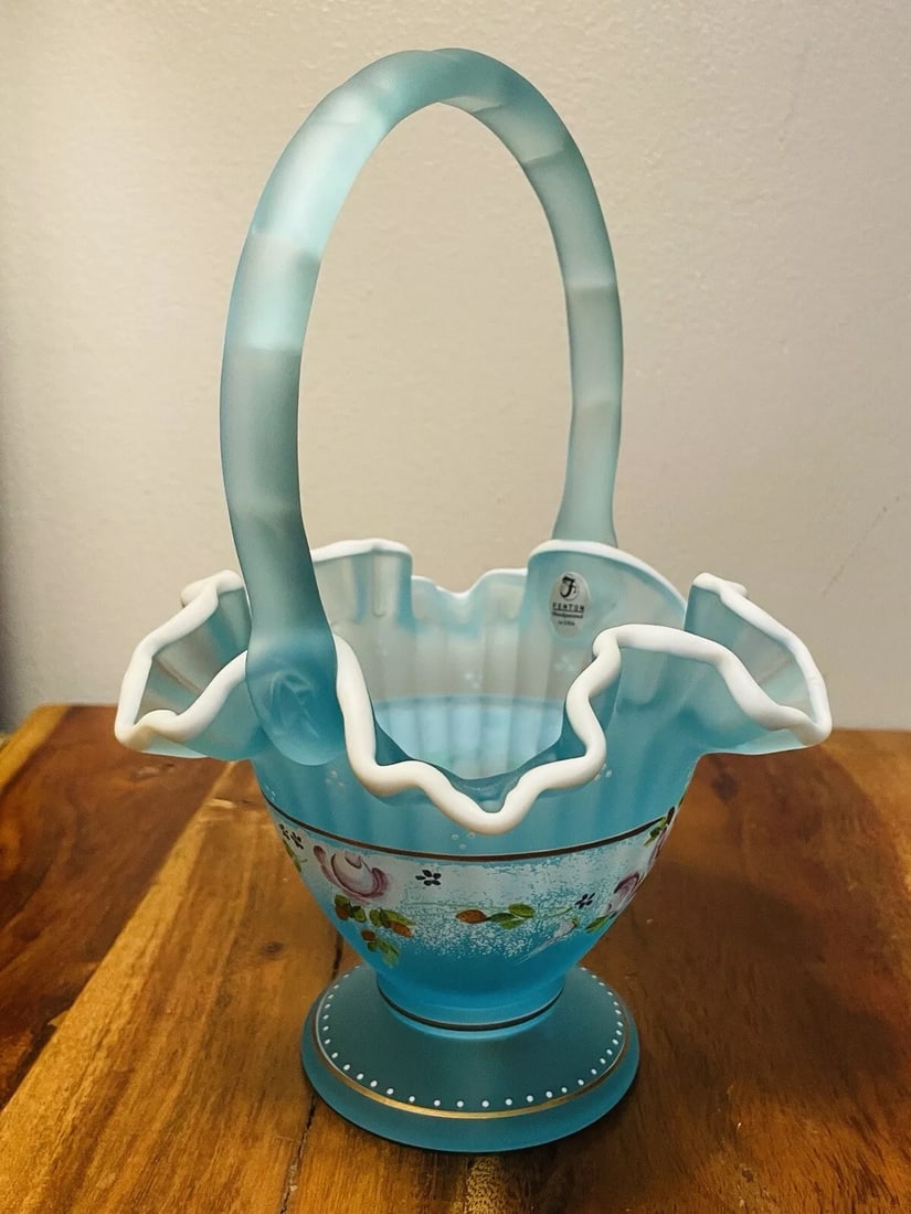 FENTON Charleton Basket Blue Satin Glass Ruffled White Edge Signed by P Hayhurst (1 of 7)