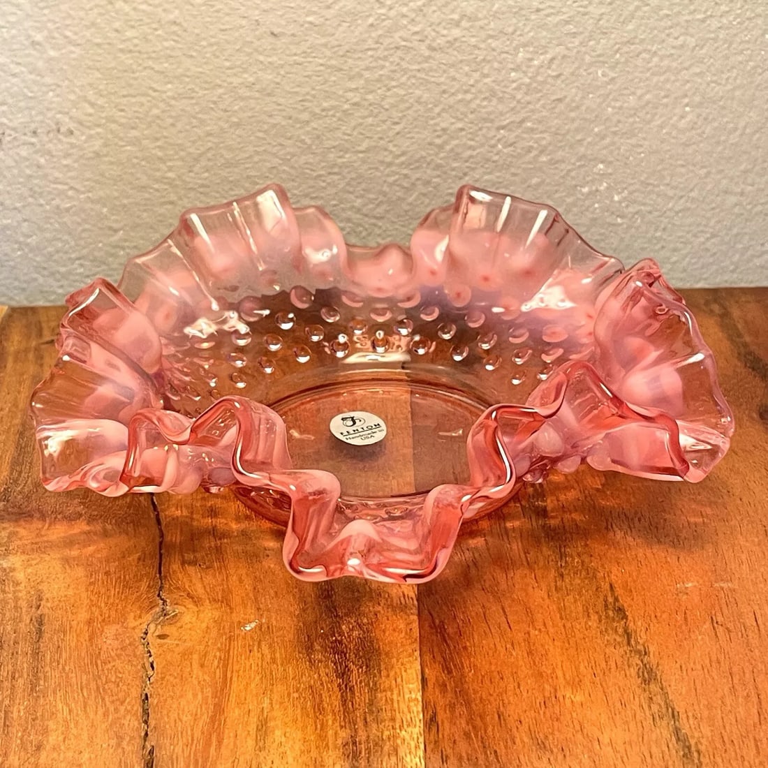 FENTON Cranberry Ruffled Opalescent White Hobnail 6.5” Glass Trinket Candy Dish (1 of 7)