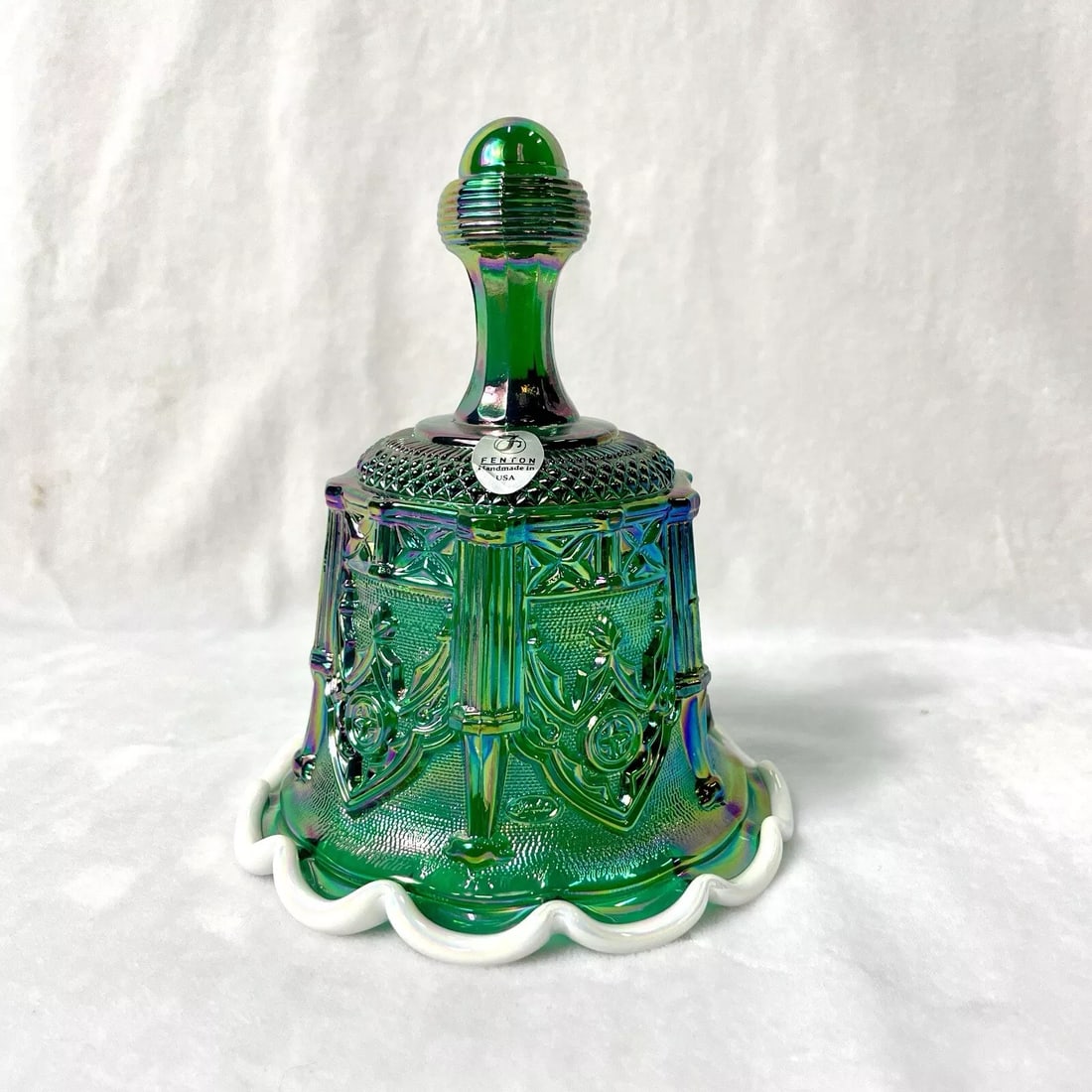 FENTON Vintage Sable Arch Green Iridescent Carnival 6” Glass Bell w/ 12 Crimps (1 of 7)