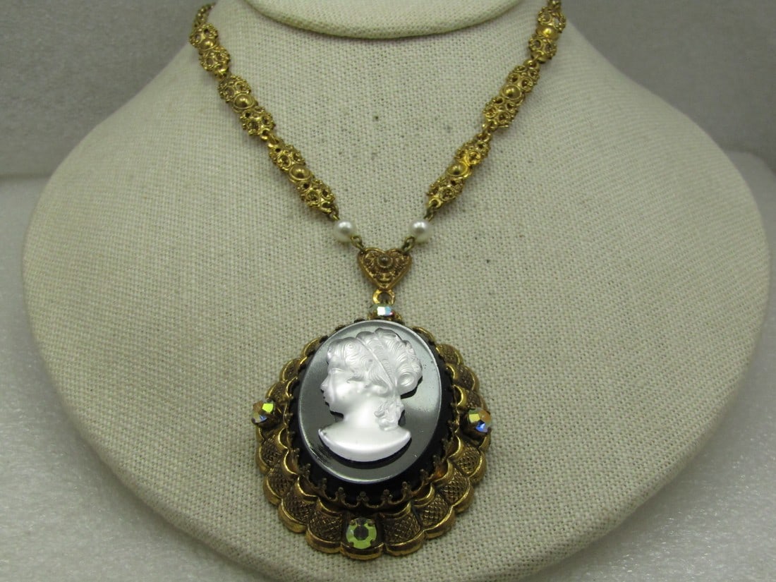 Vintage Cameo Necklace, Filigree Link Chain, Western Germany, Mid-Century, 26" (1 of 9)