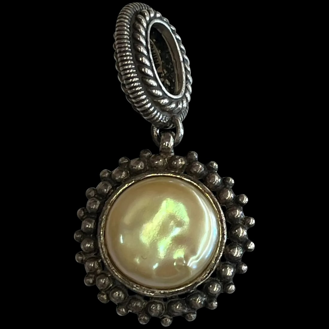 Estate BJ Sterling Silver White Mabe Pearl Ornate Pendant (1 of 7)