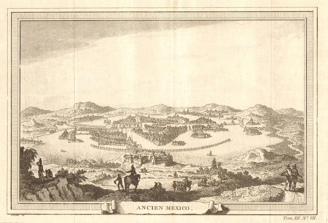 Ancien Mexico'. Old colonial Mexico City & Lake Texcoco 1754 print: CAPTION PRINTED BELOW PICTURE: Ancien Mexico [Old Mexico City] DATE PRINTED: 1754 IMAGE SIZE: Approx 19.0 x 28.0cm, 7.5 x 11 inches (Medium); Please note that this is a folding print. TYPE: Antique c
