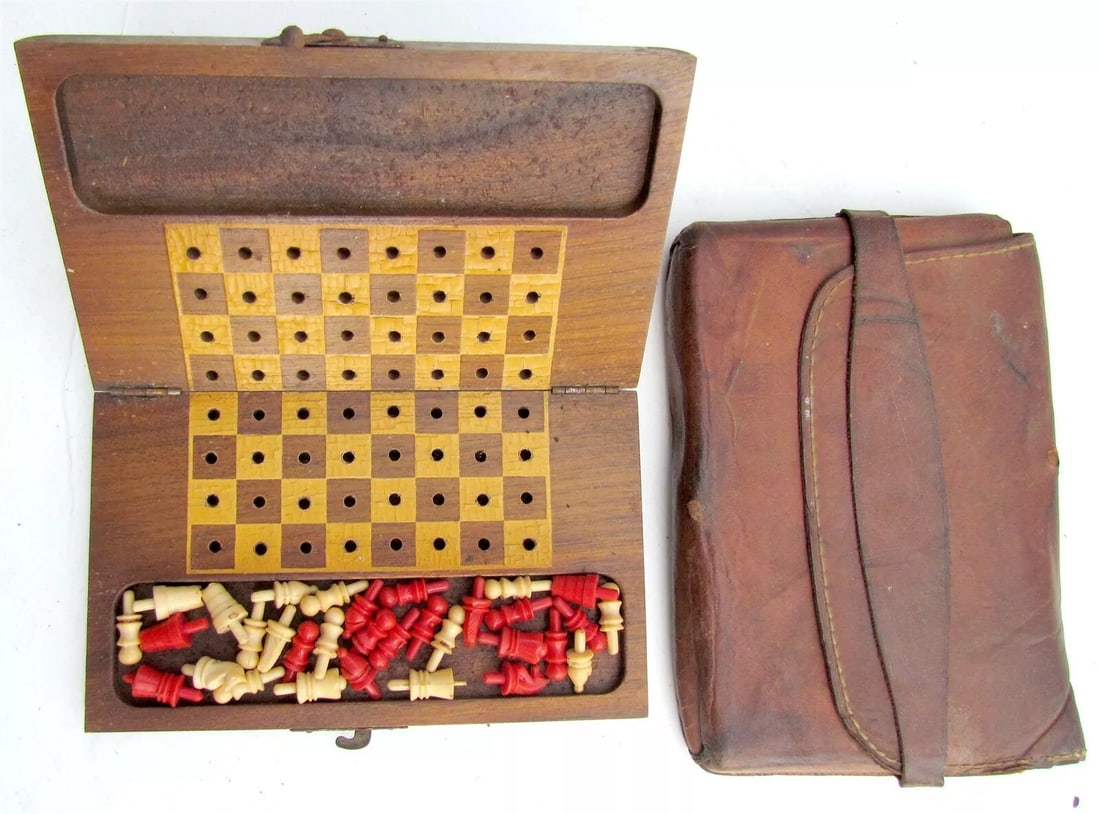 CHESS MINIATURE TRAVEL SET w/ ORIGINAL LEATHER BAG (1 of 5)