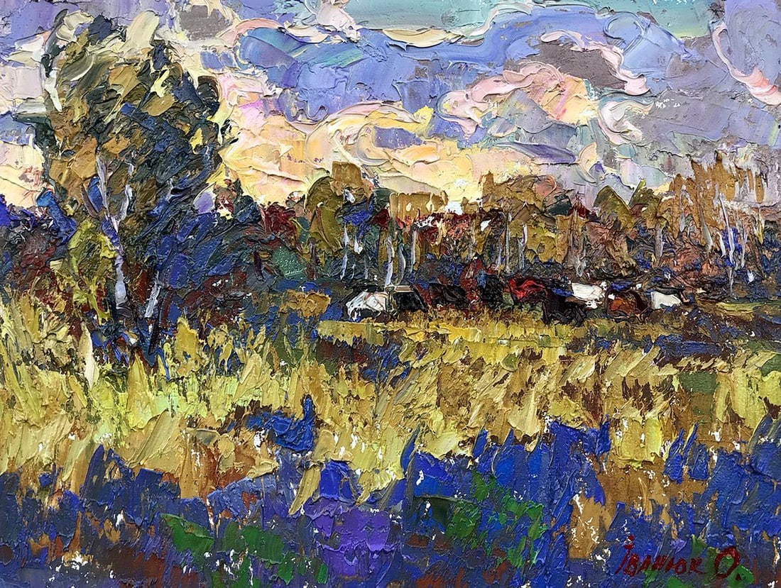 Oil painting On the edge of the forest Kalenyuk Alex: №Kalen 1096 "On the Edge of the Forest" is a captivating oil painting that beautifully captures the essence of a serene landscape. The artist has skillfully composed the scene, employing a vivid