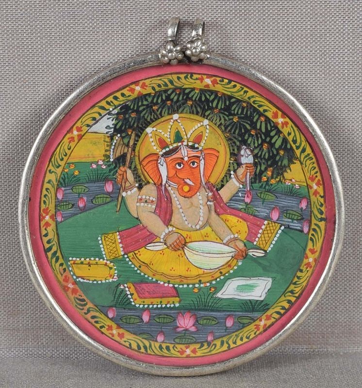 19c Indian silver PILGRIM PENDANT painting LORD GANESHA (1 of 6)