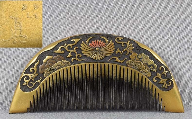 19c Japanese lacquer horn KUSHI hair COMB samurai helmet by MASASHIN (1 of 6)