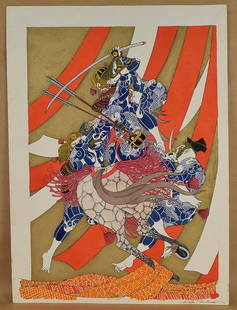 HIDEO TAKEDA original painting of MINAMOTO NO TAMETOMO: Original painting in ink and colors on paper of Minamoto no Tametomo on a horse fighting with 2 opponents by Hideo Takeda. Superb design, stunning painting with strong colors, in excellent condition.