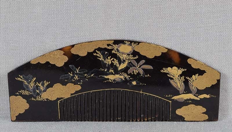 19c Japanese lacquer turtle shell KUSHI hair COMB grass flowers vapor (1 of 6)