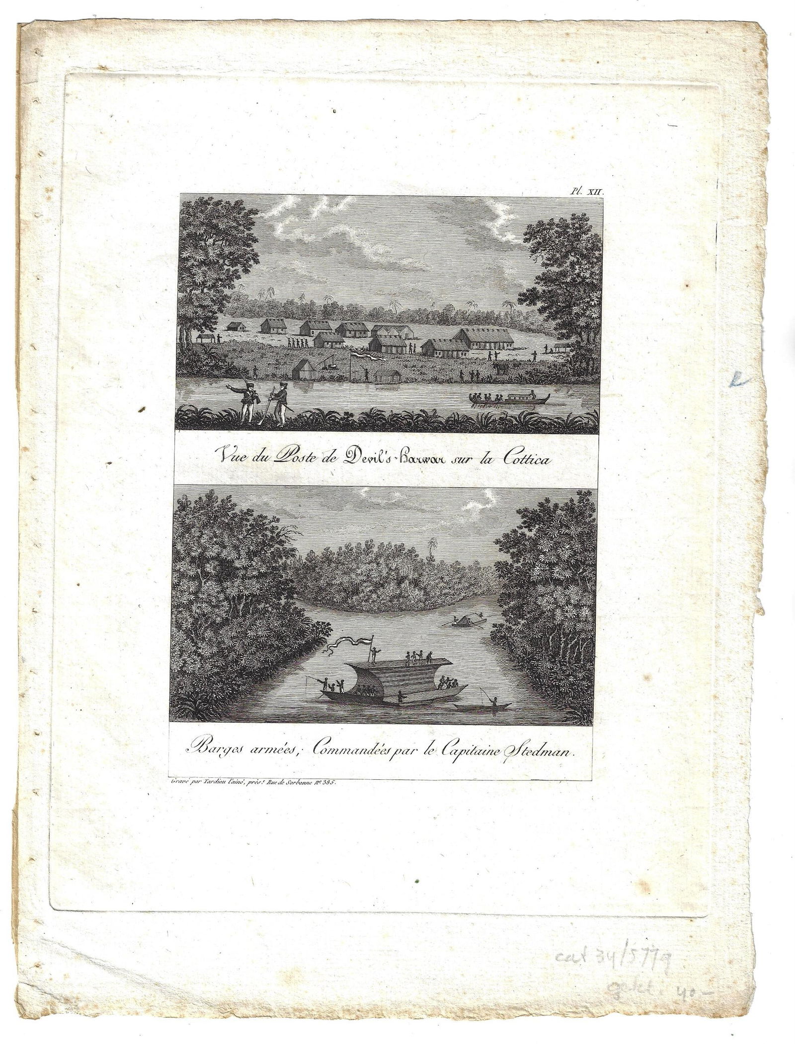 1798 Stedman Engravings Surinam Jewish Camp: Two sheets of engraving of John Stedman voyage to Surinam and Guyana, one depicting a Jewish encampment, engraved by Tardieu, 1798, Paris. Fine condition, light marginal wear. The engravings5/25 x 7.2