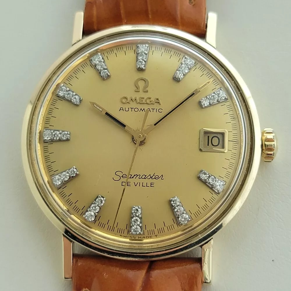 Mens Omega Seamaster Deville 34mm 14k Gold Diamond Dial Automatic 1970s RA437: Luxurious vintage classic, Men's Omega 14k solid gold Seamaster DeVille date automatic, c.1971, in excellent working condition. Verified authentic by a master watchmaker. Gorgeous Omega signed dial, a