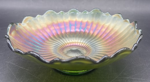 NORTHWOOD CARNIVAL GLASS SMOOTH RAY GREEN RUFFLED SCALLOPED BOWL