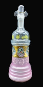 Bohemian Clear Glass Perfume Bottle, Dauber, Pink Gold & Floral Enamel Detail 9"