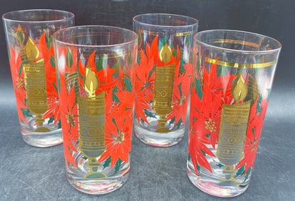 MCM Pasinski Christmas Glasses - 22K Gold Candles with Red Poinsettias