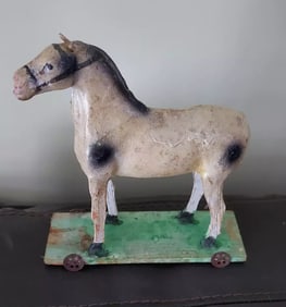 Pull toy horse german carved wood 1920's as is