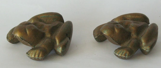 Pair of antique cast metal anatomically correct frog paper weights