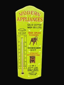 MODERN APPLIANCES ADVERTISING THERMOMETER ADVERTISES SOLID COPPER WASH BOILERS, WASHERS AND MORE