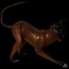 Antique Leather over Wood Monkey Macaque Large Figurine Glass Eyes