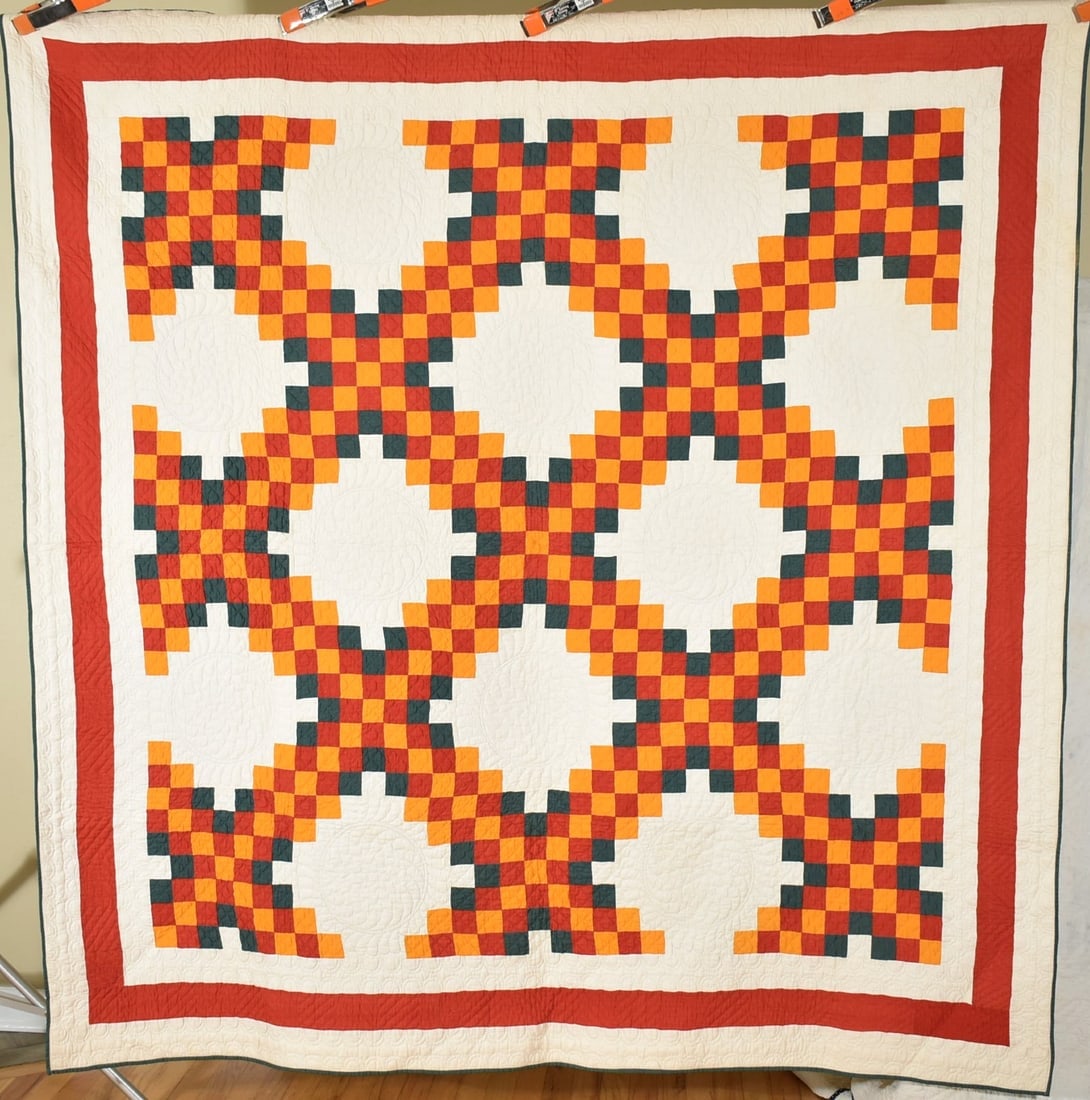 1880's Red, Green & Cheddar Irish Chain Quilt (1 of 10)