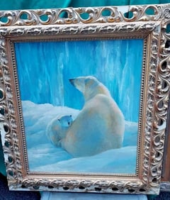 Rare 20th century oil painting Polar Bears, Mother And Cub