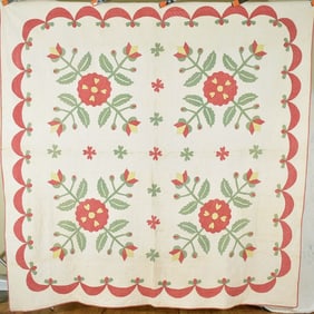 1850's Red & Green Applique Quilt, Swag Border