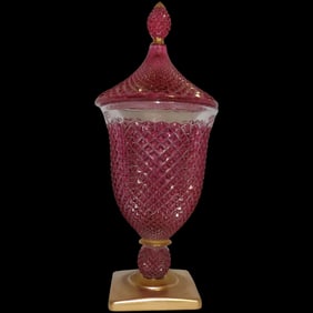Vintage Rainbow Hand Decorated Cranberry Flashed Candy Dish