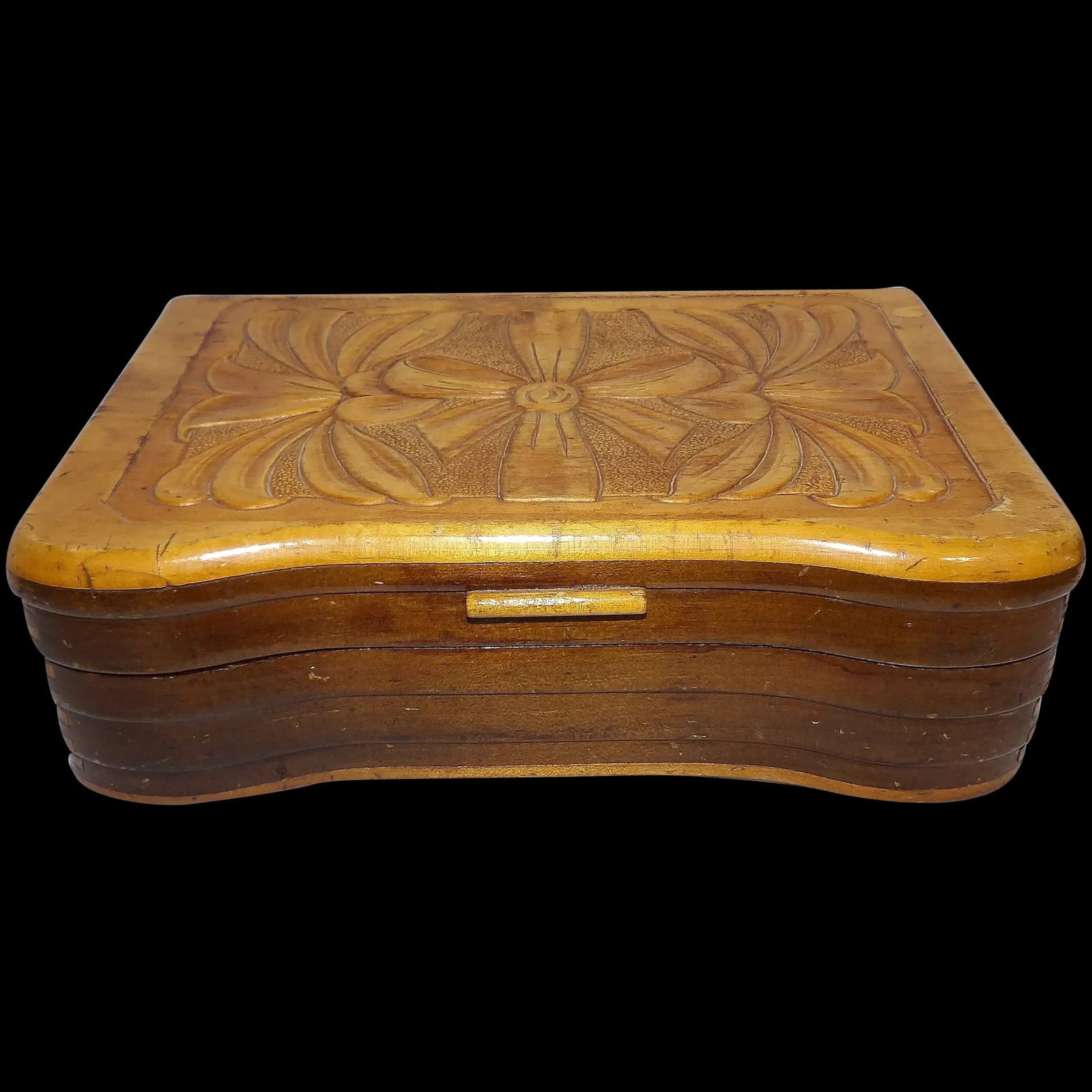 Hand Carved and Decorated Wood Jewelry Box: This Hand Carved and Decorated Wood Jewelry Box is in very good condition. NO missing wood, hardware is tight, joints are tight, does have use scratches on lid. Measures 10 ½” x 6 ½