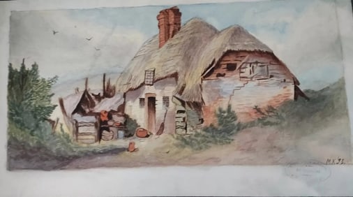 1890 oil painting European Cottage scene Stamped